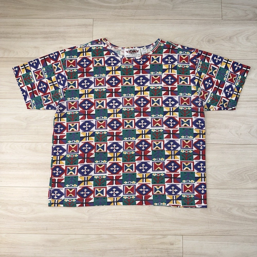 VTG Extra Touch International Sportswear 2X Mosaic Print Knit Short‎ Sleeve 90s